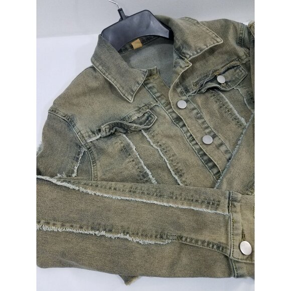 Y2K Denim Jacket & Pants Set Size M Distressed Olive Green Raw Edges Cropped Jac - Picture 2 of 16